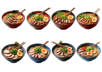 Delicious Bowls of Ramen with Pork, Egg, and Green Garnishes