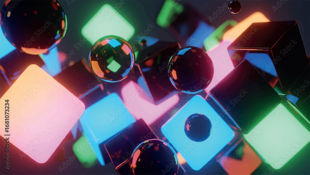 Fototapete abstract 3d rendering of glowing geometric shapes with spheres and cubes in vibrant neon colors, cre