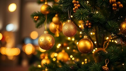 A festively decorated tree adorned with golden ornaments, surrounded by twinkling holiday lights.