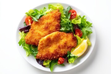 Battered and fried fish with salad and lemon on a white backdrop Aerial perspective Blank space