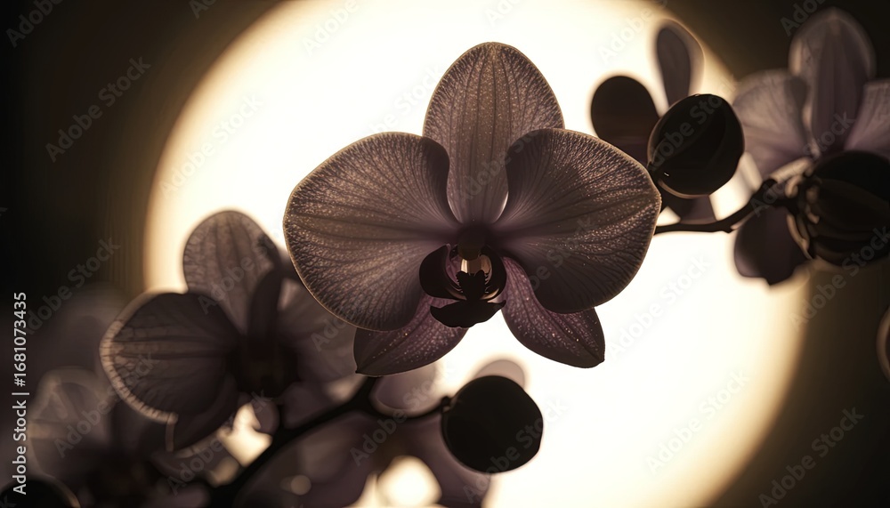 Poster close-up view of a delicate orchid bloom, showcasing intricate petal details against a soft, diffuse