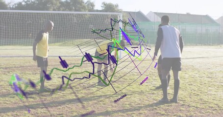 Three male soccer players warming up, player in white crouching then sprinting toward goalpost - Powered by Adobe
