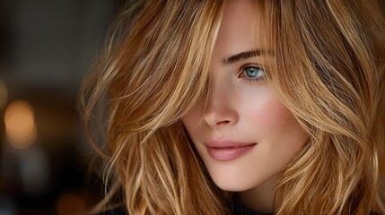 Fototapeta premium Beautiful salon photograph of a woman with perfectly styled, flowing hair. It features a seamless caramel and blonde balayage with soft waves.