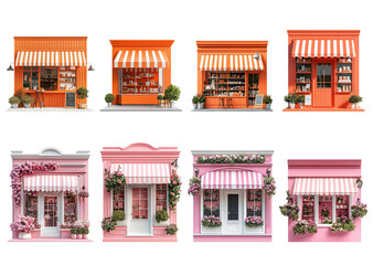 Colorful storefronts with striped awnings and flowers in urban setting