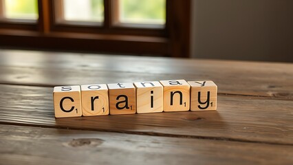 Wooden cube blocks lined up on a rustic table, bathed in soft natural light from a nearby window.