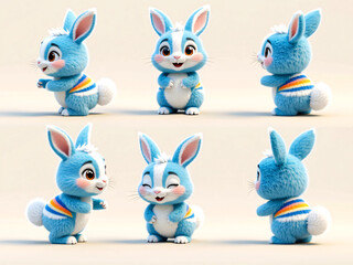 Fototapeta premium Cute Blue Rabbit with Rainbow Striped Sweater