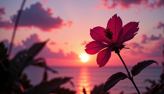 A vibrant pink hibiscus flower stands tall against a breathtaking sunrise over the ocean, showcasing a beautiful sunrise backdrop. - Powered by Adobe