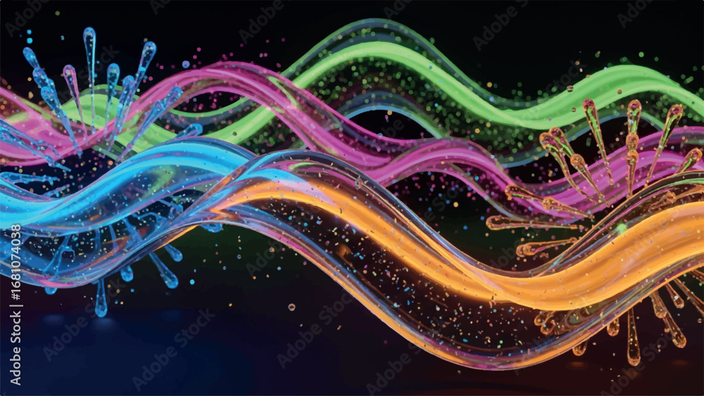 Poster abstract glowing neon waves with viruslike particles and sparkling glitter on a dark background, rep