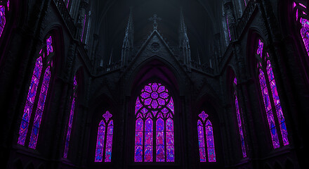 Gothic cathedral stained glass Architecture background, purple pink illuminated windows wallpaper, dramatic church backdrop
