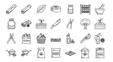 Fototapeta premium Hand Drawn Doodle Icon Set for Cinnamon Farming and Gardening.