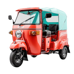 Obraz premium Bright Red Tuk Tuk with Open Canopy and Stylish Design Parked on White Background for Travel and Adventure