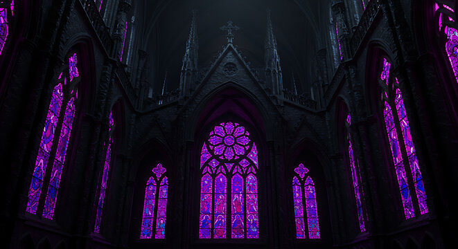 Gothic cathedral stained glass Architecture background, purple pink illuminated windows wallpaper, dramatic church backdrop
