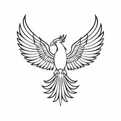 Phoenix bird simple black line art image, Black bold outline vector icon, Bird vector illustration