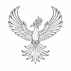 Phoenix bird simple black line art image, Black bold outline vector icon, Bird vector illustration