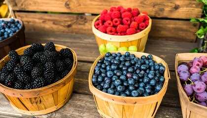 Fresh berries in wooden baskets on a rustic wooden surface