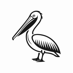 Pelican bird simple black line art image, Black bold outline vector icon, Bird vector illustration