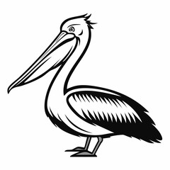Pelican bird simple black line art image, Black bold outline vector icon, Bird vector illustration