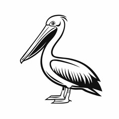 Pelican bird simple black line art image, Black bold outline vector icon, Bird vector illustration