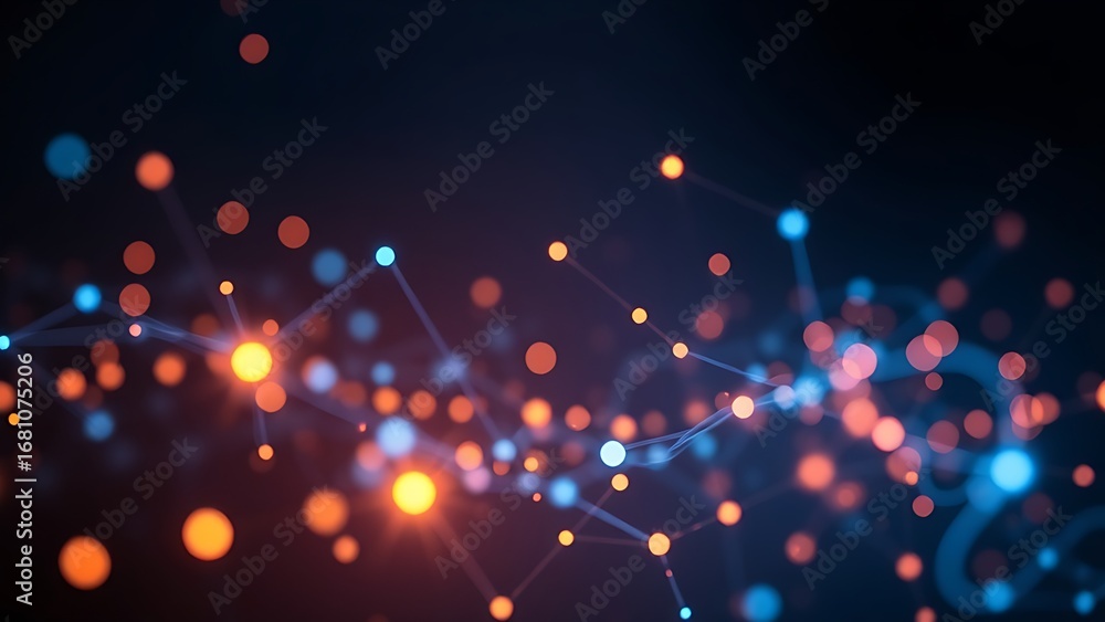 Wall mural abstract network of glowing nodes and connections in blue and orange floating in space.