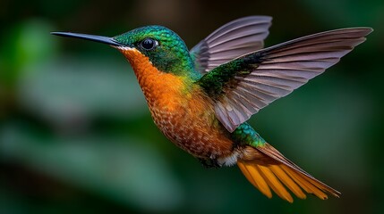 Fototapeta premium Rufous tailed hummingbird flies elegantly with its wings spread in a tropical forest environment now close up.