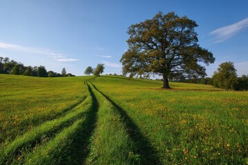 Tire marks in a field with an oak Taubergie&szlig;en reserve Kappel Rust Baden W&uuml;rttemberg Germany