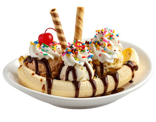 Gourmet Banana Split Sundae with Colorful Toppings, Transparent PNG