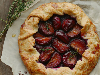 The plum pie is set on parchment paper over a rustic wooden surface, with a few sprigs of fresh thyme placed nearby