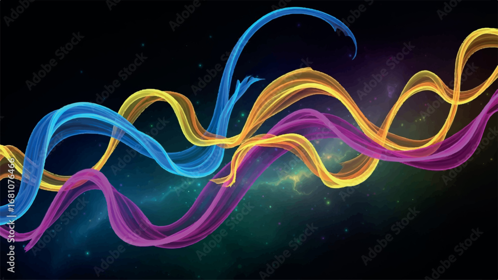 Poster abstract colorful wavy ribbons of light flowing in a dark space with glowing particles and nebulae