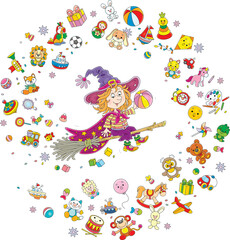 Happy little witch with a big hat and a starry cloak flying on her magical broom and scattering toys for small children, vector cartoon illustration on a white background
