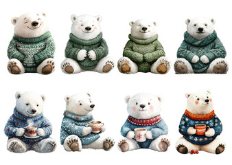 Cute Cartoon Polar Bears in Cozy Sweaters with Coffee Mugs