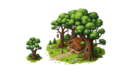 secluded wooden house nestled in the heart of a lush forest isometric view, isolated on transparent background
