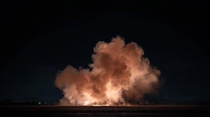 The vast expanse of pitch-black land, from which white smoke rises, creates a strong atmosphere of mystery and intrigue, suitable for visual storytelling or art installation design.