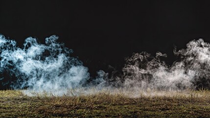 The vast expanse of pitch-black land, from which white smoke rises, creates a strong atmosphere of mystery and intrigue, suitable for visual storytelling or art installation design.