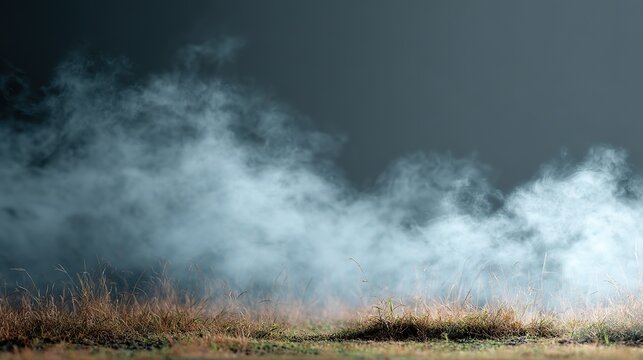 The vast expanse of pitch-black land, from which white smoke rises, creates a strong atmosphere of mystery and intrigue, suitable for visual storytelling or art installation design.