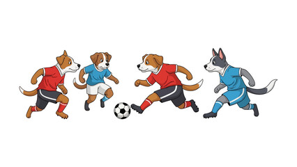Canine Soccer Showdown: Playful canine athletes engage in a spirited soccer match, showcasing their sporty side with determined expressions and colorful uniforms.