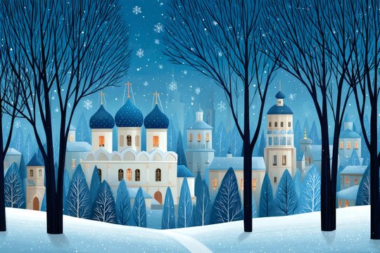 Snow falling on sergiev posad churches during scenic winter night