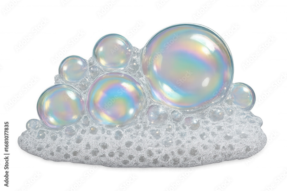 Poster iridescent soap bubbles clustering on white suds, reflecting colorful light with translucent spheres