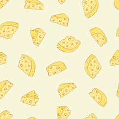 Cheese with holes vector background. Seamless pattern of yellow cheese pieces. The concept of dairy products.