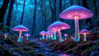 Fototapeta premium Many glowing mushrooms illuminate a mystical forest floor at night.