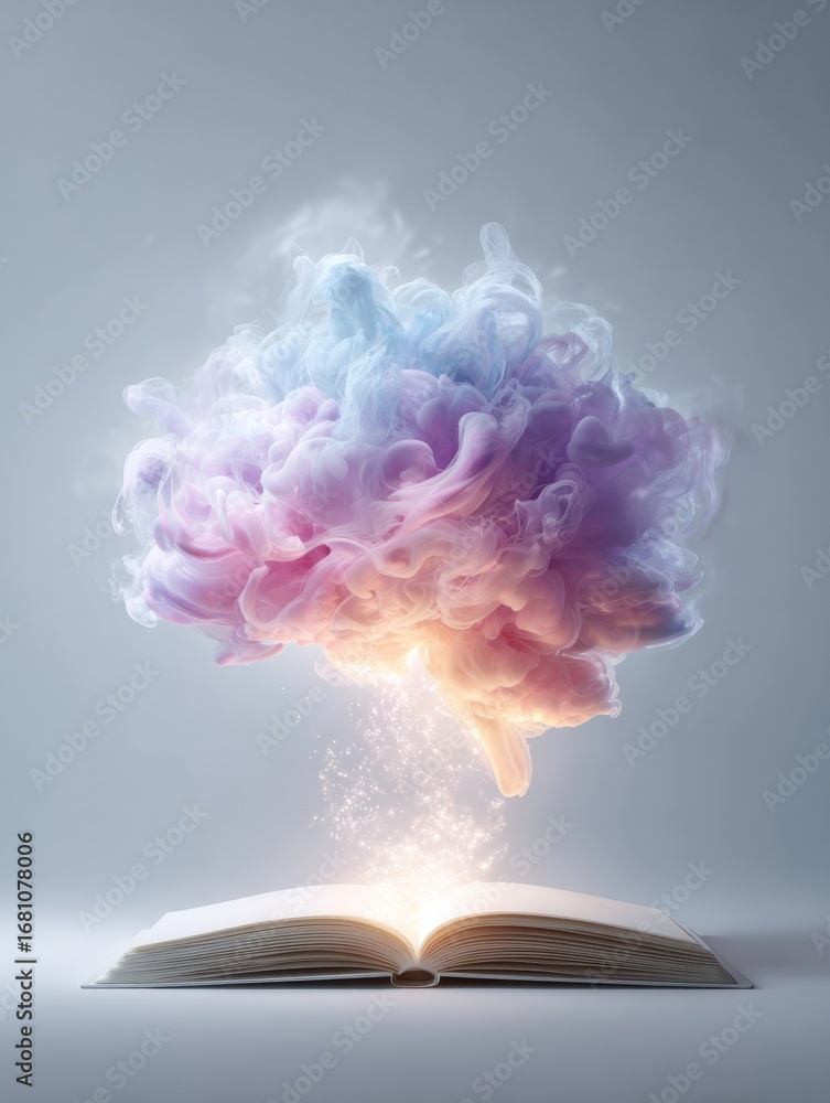 Poster creative explosion of colors emerges from an open book, symbolizing imagination and knowledge in a m