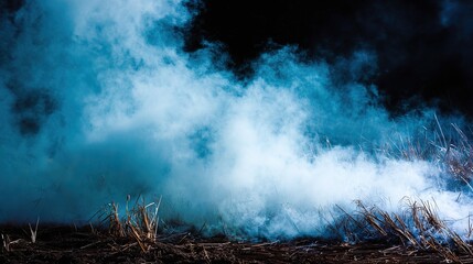 The vast expanse of pitch-black land, from which white smoke rises, creates a strong atmosphere of mystery and intrigue, suitable for visual storytelling or art installation design.