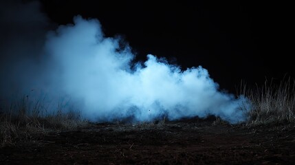 The vast expanse of pitch-black land, from which white smoke rises, creates a strong atmosphere of mystery and intrigue, suitable for visual storytelling or art installation design.