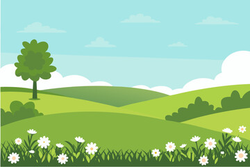 a serene landscape with rolling hills flowers and a lone tree