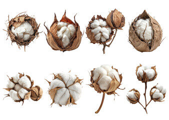 Cotton Plant Close-Up View of Various Blooms and Pods Natural Textures