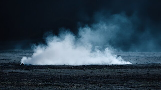 The vast expanse of pitch-black land, from which white smoke rises, creates a strong atmosphere of mystery and intrigue, suitable for visual storytelling or art installation design.