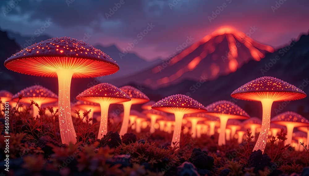 Aufkleber a field of luminous mushrooms glows warmly against a backdrop of a fiery volcano, creating a mystica