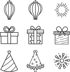 Party Celebration Gift Box Icon Set With Balloon And Fireworks
