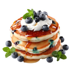 Stack of delicious pancakes topped with blueberries, mint leaves, and drizzled with syrup on a white background