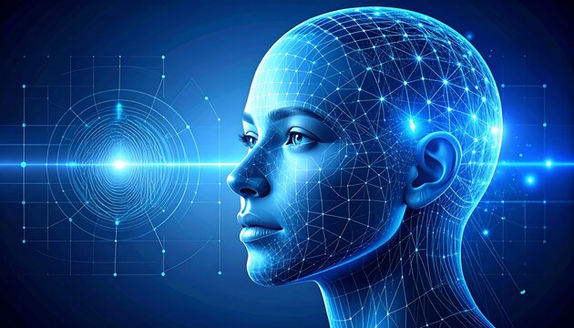 Profile view of a woman's head, digitally rendered with a network of lines and glowing lights, suggesting AI or futuristic technology
