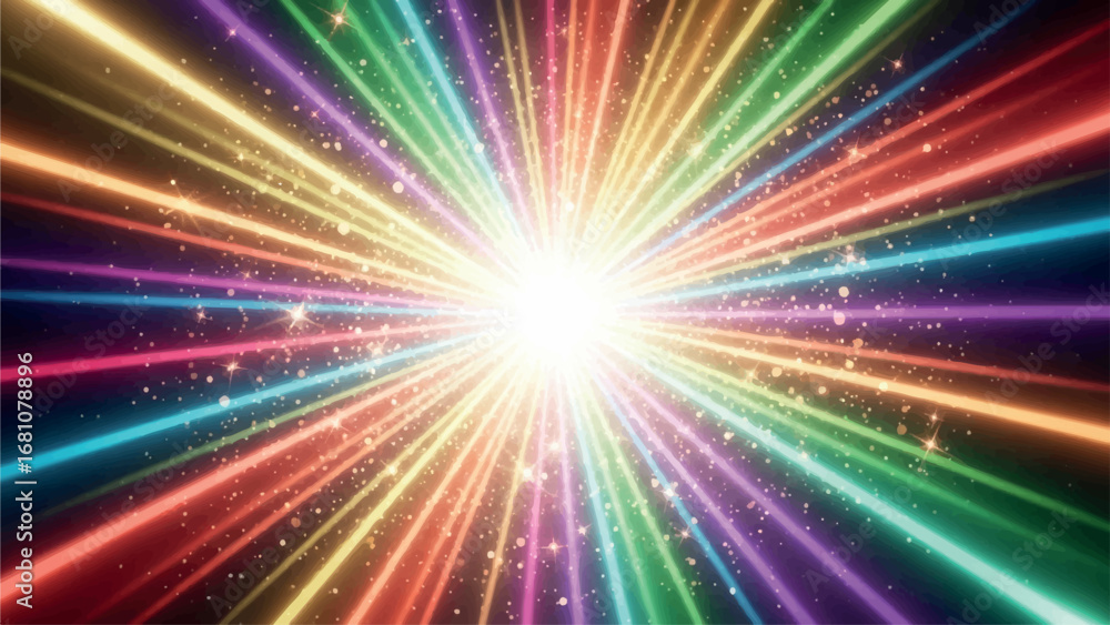 Poster explosion of colorful light beams and sparkles emanating from a bright central glow, creating a vibr